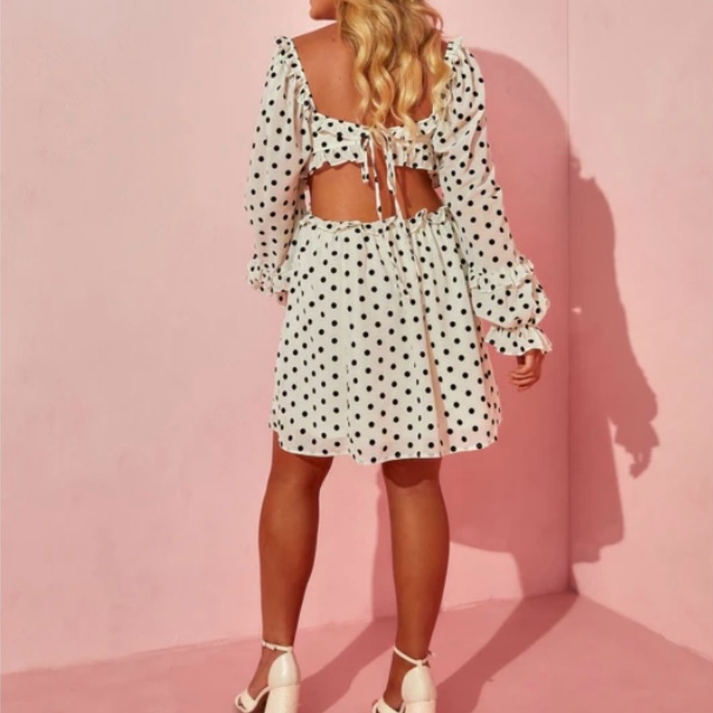 Dee Elly Mini Polkadot Dress Ruffles Long Sleeves Open Back Black Ivory Size S